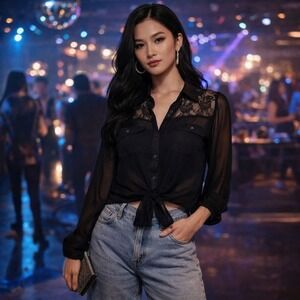 LEI Black Sheer Lace Button Up Tie Front Shirt Women's XL Y2K Dark Romantic Goth